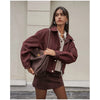 Solid Patchwork Cropped Coat Women Lapel Long Sleeve Loose Zipper Pockets Jacket Autumn Lady Casual Street Outerwear
