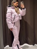 Women Pocket Long Sleeve Zipper Hooded Skiing Cotton-padded Drawstring Jacket+High Waist Casual Winter Pant Set