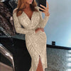 Dresses For Women Plus Size Deep V Sequins Wrap Ruched Long Sleeve Nightclub Dress Vestidos Para Mujer