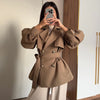 Women Short Belted Trench Coat Lapel Double Breasted Long Puff Sleeve Loose Fit Jacket Casual Daily Office Ladies Outerwear