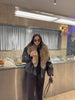 Ladies Winter Retro Fur Collar Leather Jacket V‑Neck Full Lapel Long Sleeve Double Breasted Urban Warm Casual Outer