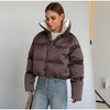 Solid Hooded Cropped Puffer Jacket Women Stand Collar Snap Button Loose Long Sleeve Jackets Winter Casual Warm Padded Coat