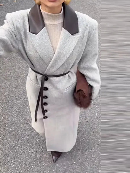 Waist Cinching Woolen Long Coat For Women Lapel Long Sleeve Single-breasted Coat With Belt Lady Commuter Outwears