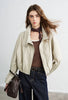 Women Slub Cotton Jackets Spring Cropped Tulip Silhouette Striped Cuff - Turn Up Stand Collar Tops