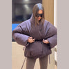 Casual Women's Winter Jacket Solid V Neck Tie-waist Full Sleeve Loose Puffy Padded Coats Street Warm Outwear