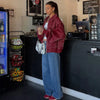 Women Stand Collar Leather Pilot Jacket Red Zipper Cropped Coat Casual Outerwear Streetwear