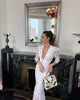 Women White Floral Print Maxi Dress V Neck Puff Sleeve Peplum Waist Fishtail Hem Chiffon Robe Elegant Party Wedding Guest Gown