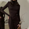 Elegant Turtleneck Curvy Brown Dress Women's Sexy Long Sleeve Shoulder Pad Party Evening Tight Elastic Dresses Winter Black