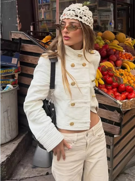 White Full Sleeves Cropped Blazer Women Chic Turn Down Collar Double Breasted Short Jackets Lady Daily Street Outwear