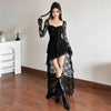 Mesh Patchwork Long Dresses Women Autumn Square Collar Flared Sleeve Ruffle Ribbon Street Sexy