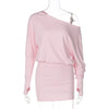 Woman Clothes Diagonal Collar Long Sleeve Package Hip Short Dress Streetwear Black Pink High Waist Tunics Slim Party Dresses