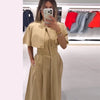 Lapel Cape Sleeve Lace Up Long Sleeve Women Elegant Epaulet Oversized Waist Cinching Pleated Shirt Dresses Chic Ladies Partywear