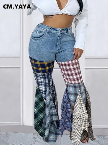 Women Colorful Plaid Patchwork Zipper Fly Flare Jeans Vintage Streetwear Wide Leg Denim Trouers Pants