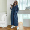 Korean Style Women's Dark Blue Solid Color Spliced Long Sleeve Turn-down Collar Loose Ankle Length Jean Dress