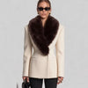 Women Big Faux Fur Lapel V‑Neck Wool Blend Blazer Jacket Double Button Fitted Waist Long Sleeve Elegant Outerwear Coat