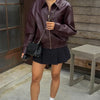 Vintage Wine Red Loose Short Leather Jacket Women Lapel Long Sleeves Zipper Cropped Coat Autumn Lady Street Outwear