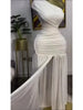 Women One Shoulder Skew Neck High Split Pleated Hem Bodycon Long Maxi Dress Evening Sexy Club Party Long Maxi Dresses