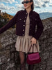 Women Soft Tweed Bomber Jacket O-Neck Long Sleeve Pockets Buttons Loose Woolen Coat Female Streetwear