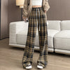 Women's High Waist Plaid Trousers Autumn Winter Korean Retro Straight Pants Loose Fit Drawstring Wide Leg Trouser Mujer