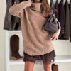 Autumn Winter Turtleneck Patchwork Mini Dress, Holiday Long Sleeve Chic Sweater Dress, Solid Loose Ladies Dress
