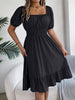 Solid Puff Sleeve Square Neck Ruched Bust Ruffle Hem Wasit Dress, Women's Clothing
