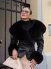 Black Fur Collar Leather Jacket Women Chic Solid Full Sleeves Waist Cinching V-neck Short Coat Lady High Street Outerwear