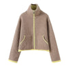 Casual Women's Knit Contrast Fleece Coats Stand Collar Zipper Pockets Full Sleeve Jackets Spring Lady Warm Outwear
