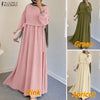 Muslim Kaftan Long Dress Hijabs Women Lantern Sleeves Lace-Up Solid Color Pleated Maxi Dress Islamic Woman Abaya Robes