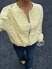 Women Yellow Jacquard Bomber Jacket Round Neck Zipper Long Sleeve Loose Cropped Coat Lady High Street Daily Outerwear