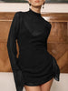 Black Sheer Long Sleeve Dress Women Pleated Patchwork Short Dresses Cocktail Party Sexy See Through Dress