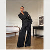 Women Black Sequin Embroidery Blazer 2 Piece Set Full Sleeve Lapel V-neck Coat Wide Leg Pants Suit Lady Spring Outfits
