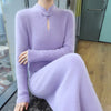 Women' 100%Pure Mink Cashmere Dress Stand-Up Collar Buckle Slim Knit Long Skirt High Waist Over The Knee Bottoming Dress
