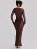 Off Shoulder Lace Satin Maxi Dress Women Elegant Long Sleeve Ruched Bodycon Mermaid Evening Club Party Formal Dress