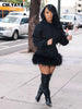 Women Hooded Long Sleeve Fur Hem Sweathirt Style Midi Dress Winter Streetwar Mini Black Dresses Vestidos