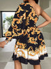 Women's Off The Shoulder Waist Printed Dress with Oblique Shoulder Single Long Sleeve Elegant A-line Dress