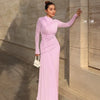 Elegant Pink Irregular Pleated Maxi Dress Women O-Neck Long Sleeve Ruched Slim Long Dress Wedding Guest Evening Party Robes