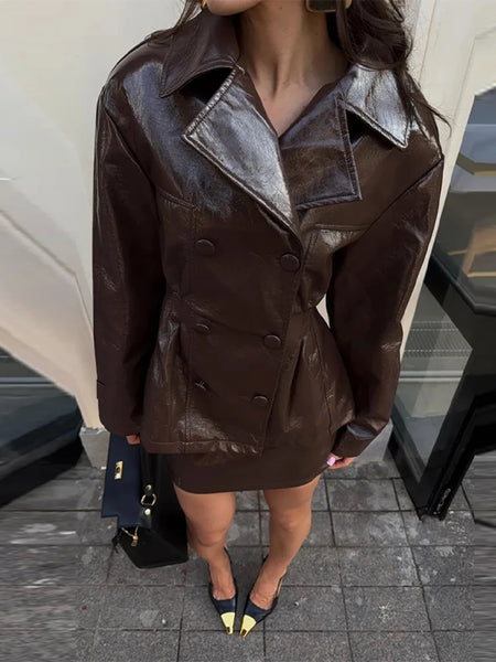 PU Leather Skirt Sets Women Lapel Long Sleeve Double-breasted Jacket Hip Package Short Skirt Suits Female Street Outfits