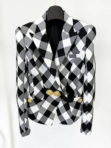 High Street Designer Jacket Women's Large Metal Buckle Black And White Checkered Slim Blazer