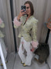 Satin Jacquard Fluffy Fur Cuffs Patchwork Blazer Light Green V Neck Long Sleeve Slim Outerwear Lady Fall Party Daily Jacket