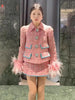 Women Auutmn Winter Sweet Feather Single Breasted Tweed Short Jacket High Waist A-Line Skirt Offce Ladies Two Piece Set