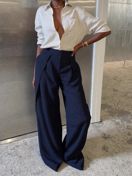 Chic Irregular Striped Long Pants For Women High Waist Loose Trouser Autumn Winter Female Daily Casual Pant