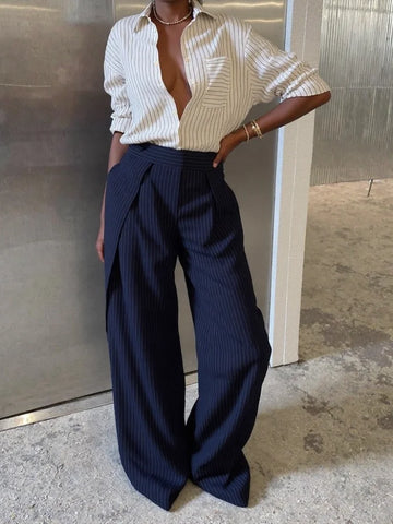 Chic Irregular Striped Long Pants For Women High Waist Loose Trouser Autumn Winter Female Daily Casual Pant