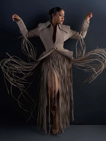 Women Two-Piece Set Turn‑Down Collar Long Sleeve Cinched Waist Blazer Maxi Fringe Slit Skirts Elegant Chic Outfits