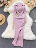 Women Korean Knitted Dress Long Sleeve V Neck Elastic Slim Pencil Dresses Autumn Sexy Bodycon Split Sweater Dress