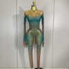 Sparkly Rhinestones Sexy Mesh See Through Bodycon Jumpsuit Women Birthday Gown Women Bar Nightclub Dancer Stage Outfit