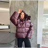Shiny Hooded Cotton Jacket For Women Solid Long Sleeve Zipper Pockets Coats Lady Winter Street Warm Chic Outerwear