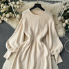 Loose Casual Knit Long Dress Women Solid Elastic Waist Lantern Sleeve O Neck Ladies Winter Sweater Dresses