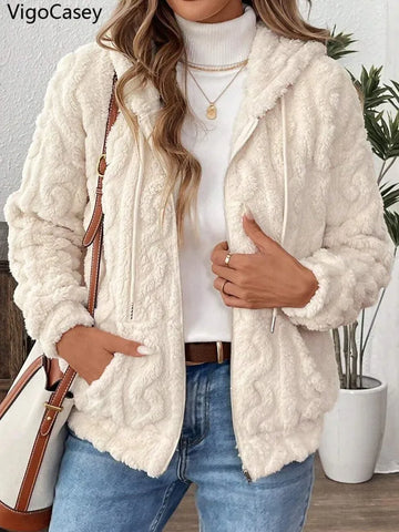 Women Autumn White Zipper Jacket White Long Sleeve Thick Plush Warm Coat Loose Winter Soft Lady Short Hooded Coat
