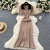 French Style Vintage Panelled Moda Dress Turn-down Collar Puff Sleeve Slim Vestidos Elegant Vent Knit Femme Robe