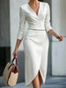 Spring and Autumn Women's Clothing, Solid Color V-Neck Slit Dress, Elegant and Slim-Fitting French-Style Dress for Work